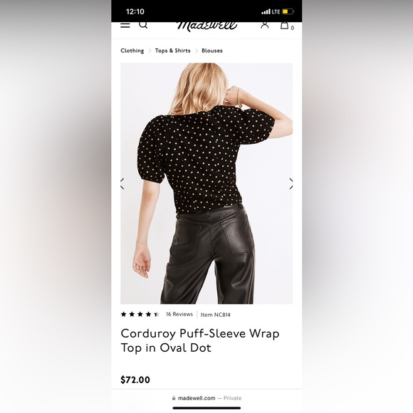 Madewell NWOT Corduroy Puff-Sleeve Wrap Top in Oval Dot size small - Picture 4 of 9